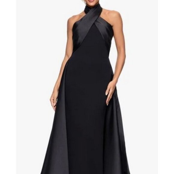 Betsy & Adam Black Twist Halter Neck Mikado Scuba Crepe Gown